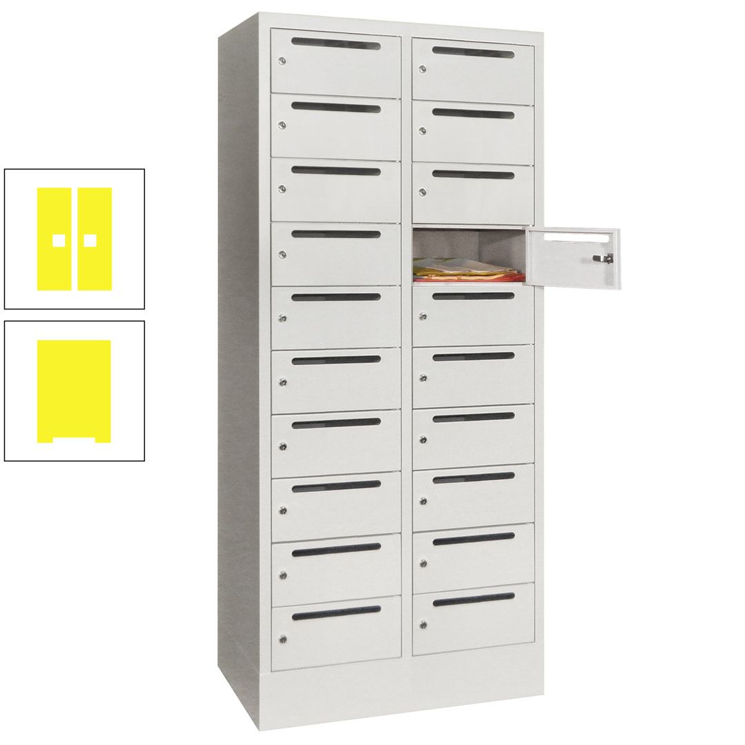 Postverteilerschrank, Schließfachschrank, 2 Abteile a 400 mm, 20 Fächer, 1.850 x 800 x 500 mm (HxBxT), Korpus anthrazitgrau, Front anthrazitgrau