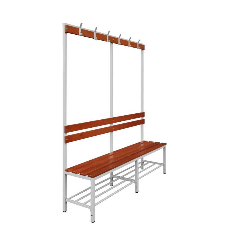 Umkleidebank, Umkleide-Sitzbank, Schuhrost, Haken, Breite 1.200 mm, Sitzhöhe 400 mm, Stahl mit Holzleisten, Gestell: lichtgrau, Sitzleisten: Buche