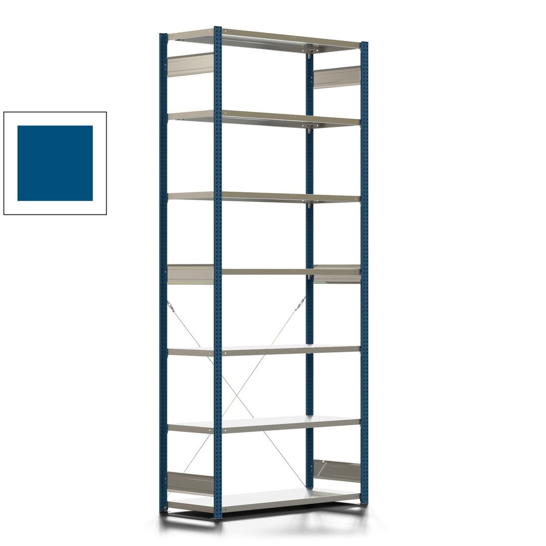 Fachbodenregal mit Tiefenriegel - 350 kg - 3.000 x 1.285 x 526 mm (HxBxT) - Anbauregal - 7 Böden - enzianblau - Lagerregal - Steckregal BERT
