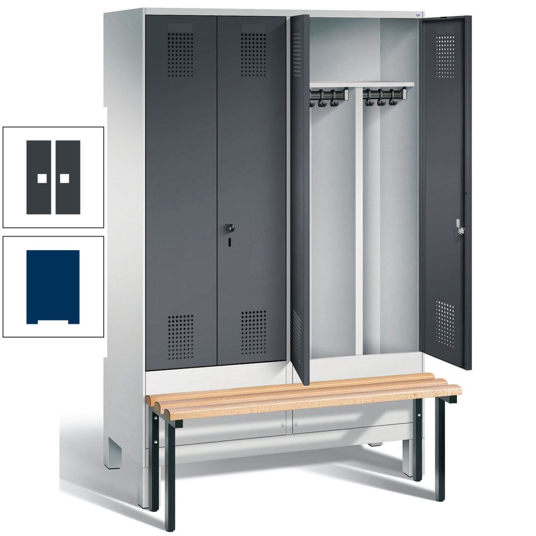 Doppel-Spind, Garderobenschrank, Buche Sitzbank vorgebaut, 4 Abteile a 300 mm, Korpus feuerrot, Tür Wasserblau, 1.850 x 1.200 x 815 mm (HxBxT)