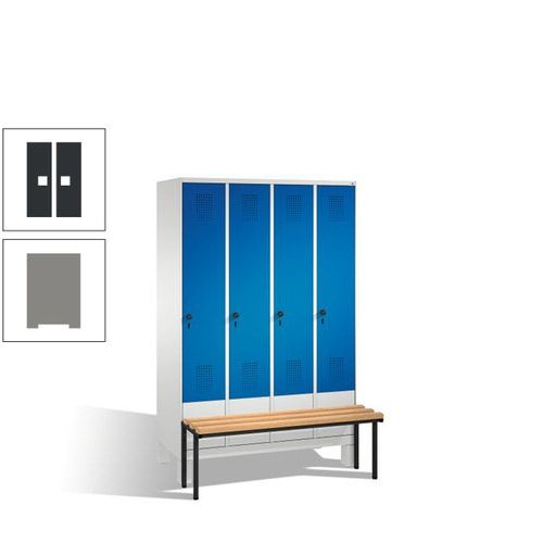 Stahl-Garderobenschrank, Spind, Buche Sitzbank vorgebaut, 4 Abteile a 300 mm, Korpus Lichtgrün, Tür Schwefelgelb, 1.850 x 1.200 x 815 mm (HxBxT)