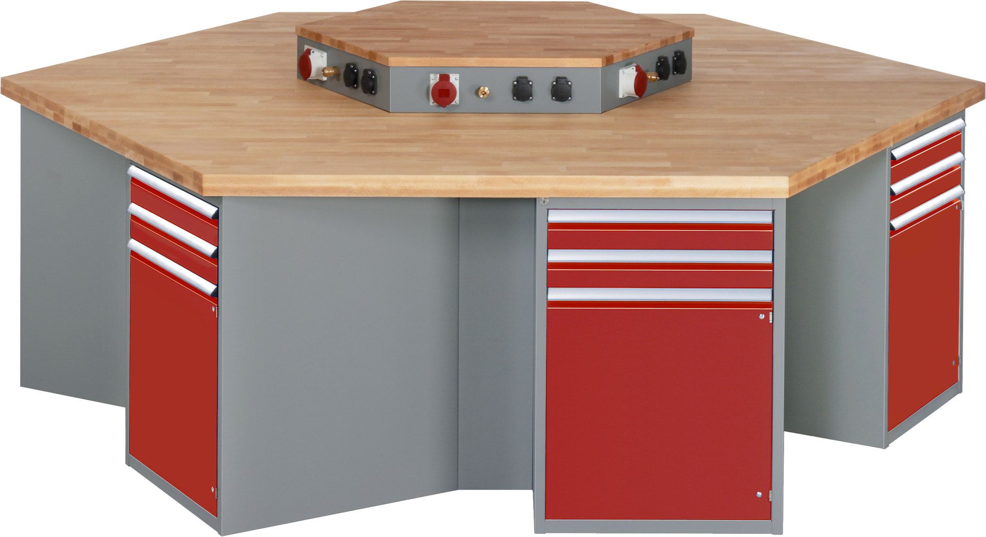 Gruppenwerkbank, Buche, Höhe 840 mm, mit Energieaufsatz, Unterbau-Container, 2 Schubladen, 1 Tür, 1 Boden - Anthrazitgrau