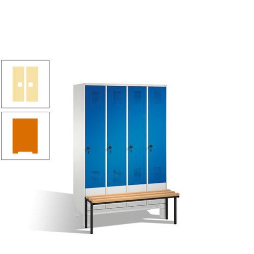 Stahl-Garderobenschrank, Spind, Buche Sitzbank vorgebaut, 4 Abteile a 300 mm, Korpus Lichtgrün, Tür Schwefelgelb, 1.850 x 1.200 x 815 mm (HxBxT)