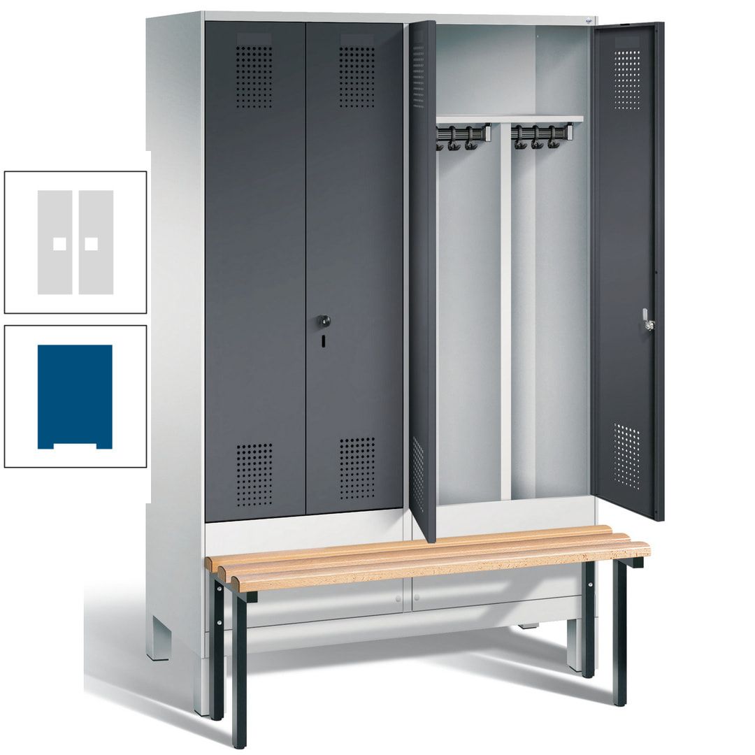 Doppel-Spind, Garderobenschrank, Buche Sitzbank vorgebaut, 4 Abteile a 300 mm, Korpus feuerrot, Tür Wasserblau, 1.850 x 1.200 x 815 mm (HxBxT)