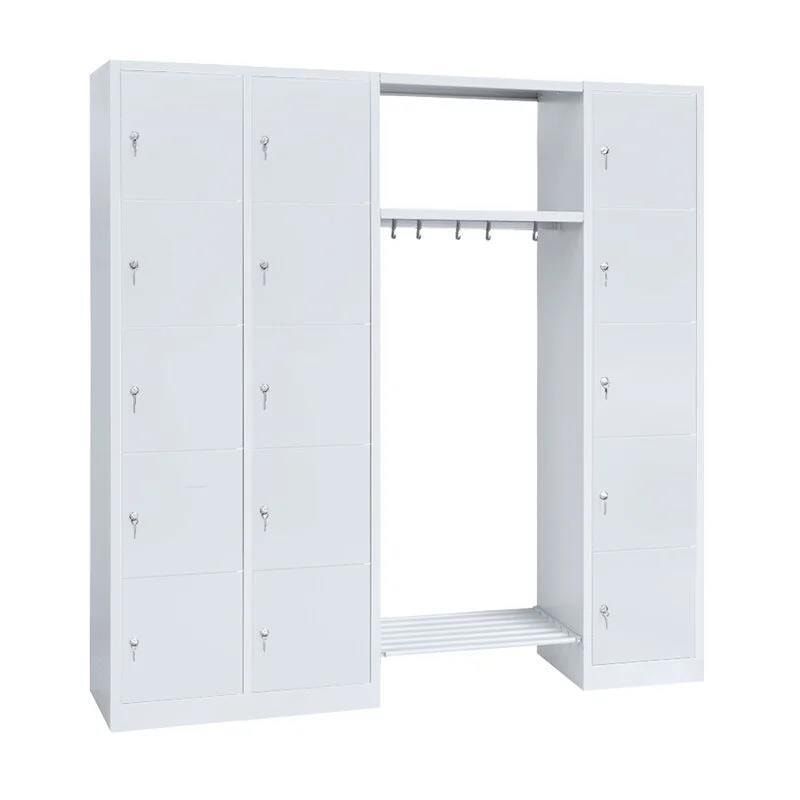 Garderobenschrank, Schließfach-Garderobe, 3 Abteile, 15 Fächer, 1.800 x 1.915 x 500 mm (HxBxT), Abteil 300 mm, Korpus lichtgrau, Front enzianblau