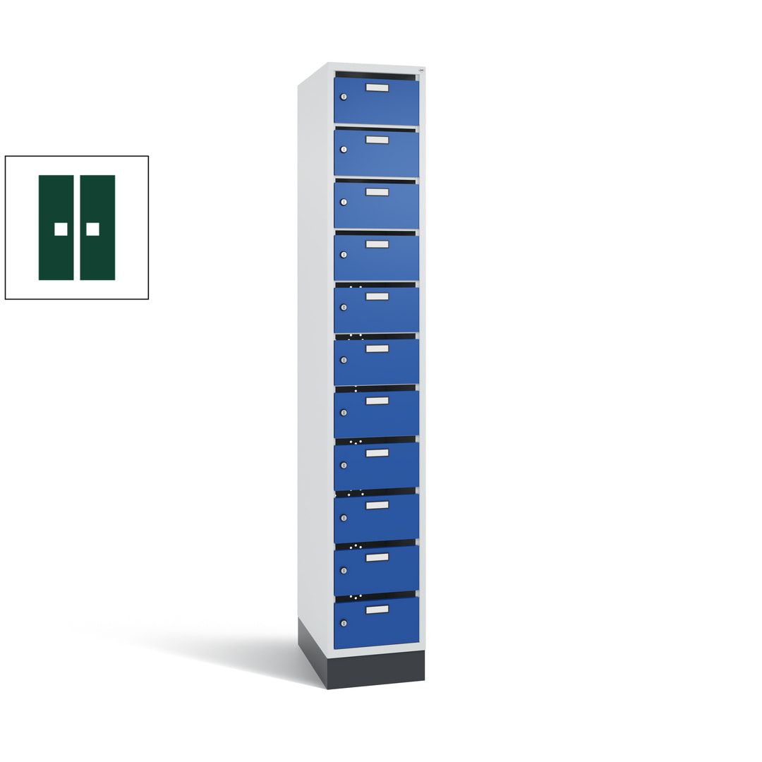 Postverteilerschrank, Schließfachschrank, mit Sockel, 11 Fächer, 1.950 x 320 x 500 mm (HxBxT), Korpus lichtgrau, Tür anthrazitgrau