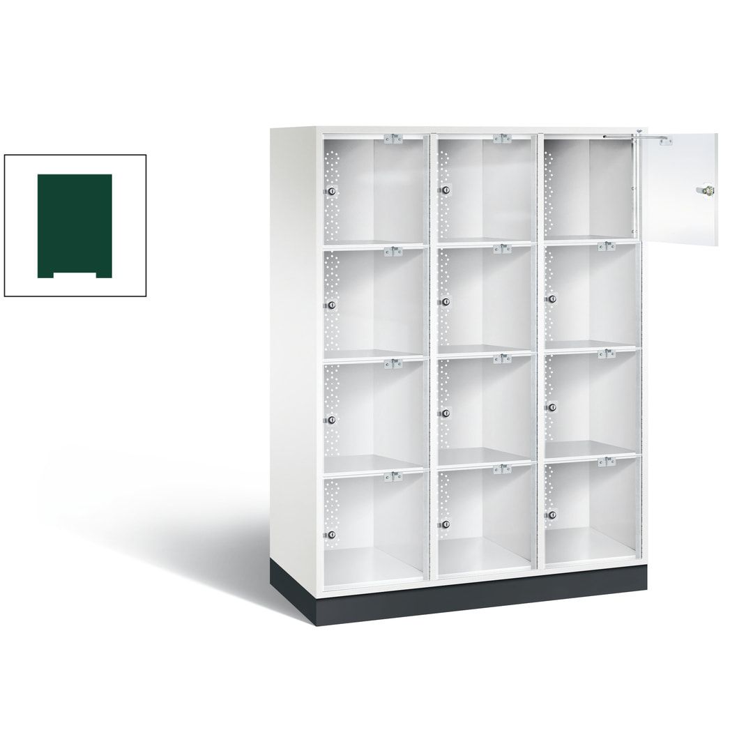 Schließfachschrank, Fächerschrank mit Türen aus Acrylglas, 3 Abteile, 12 Fächer, Zylinderschloss, 1.750 x 1.220 x 500 mm (HxBxT), Korpus anthrazitgrau