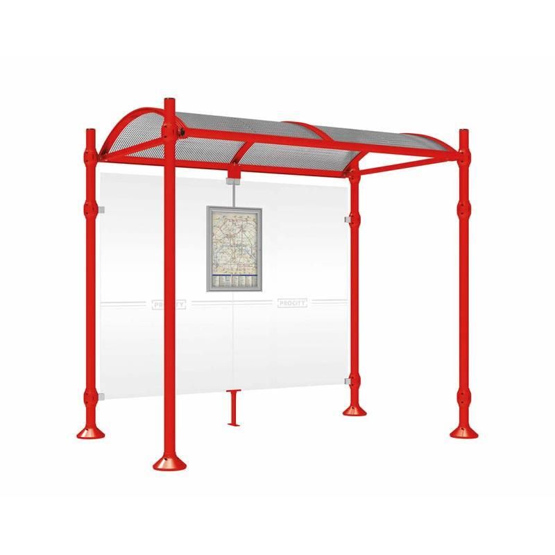 Buswartehalle, Unterstand, 2.500 x 2.500 x 1.600 mm (HxBxT), Kopfmodell Agora, ESG, Fahrplanschaukasten, Farbe enzianblau