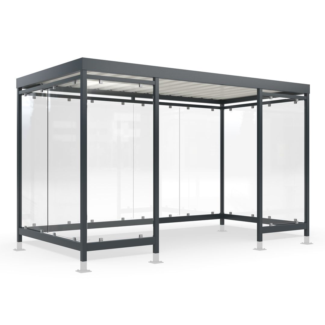 Raucherunterstand für 12-13 Personen, Bushaltestelle, mit Überpflasterung, 2.440 x 4.195 x 2.165 mm (HxBxT), 10 Wände, Achatgrau