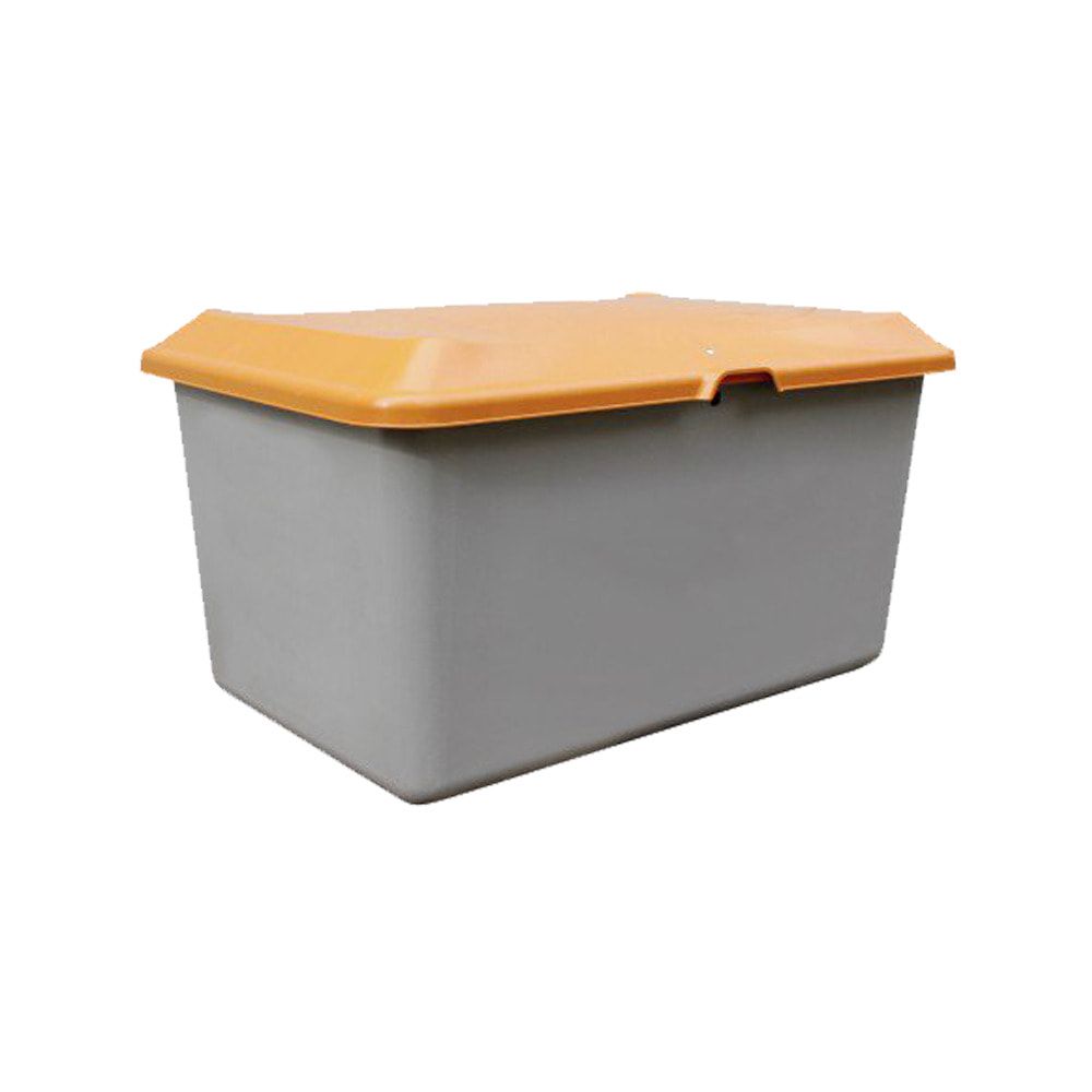 Streugutbehälter für Streusalz, Winterstreumittel, Futtermittel, 400 l Volumen, 670 x 1.210 x 820 mm (HxBxT), GFK, grau/orange
