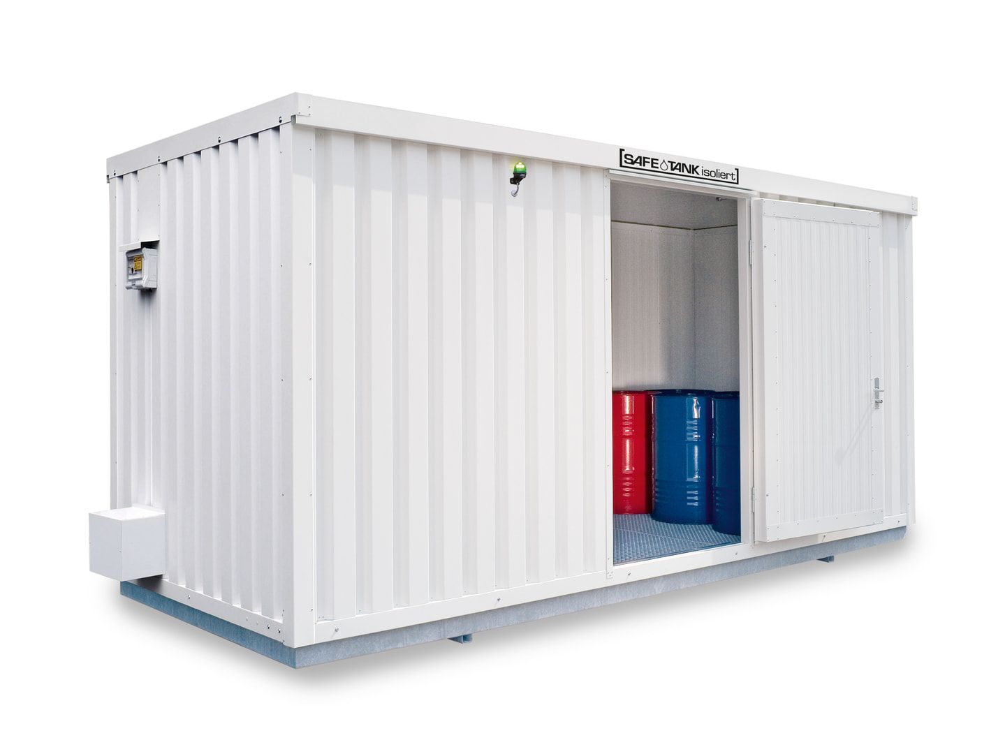 Isolierter Gefahrstoffcontainer - 2.520 x 5.080 x 2.170 mm (HxBxT) - Auffangvolumen 1.450 l - Sensorlüfter - Doppelflügeltür kurze Seite