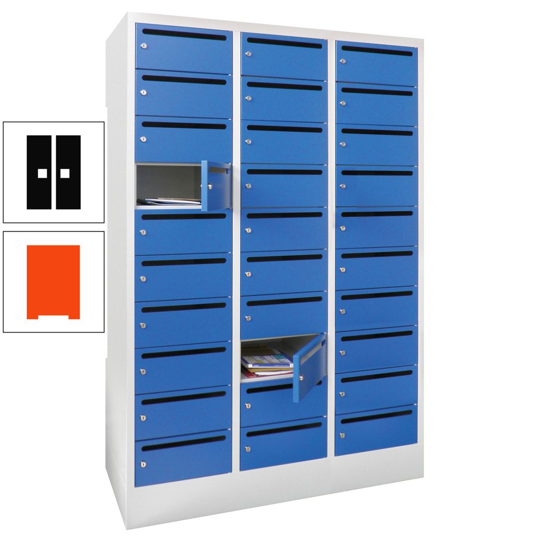 Postverteilerschrank, Schließfachschrank, 3 Abteile a 300 mm, 30 Fächer, 1.850 x 900 x 500 mm (HxBxT), Korpus anthrazitgrau, Front anthrazitgrau
