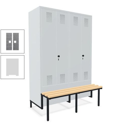 Doppel-Spind, Garderobenschrank, Buche Sitzbank integriert, 4 Abteile 300 mm, Korpus anthrazitgrau, Tür anthrazitgrau, 1.850 x 1.200 x 815 mm (HxBxT)