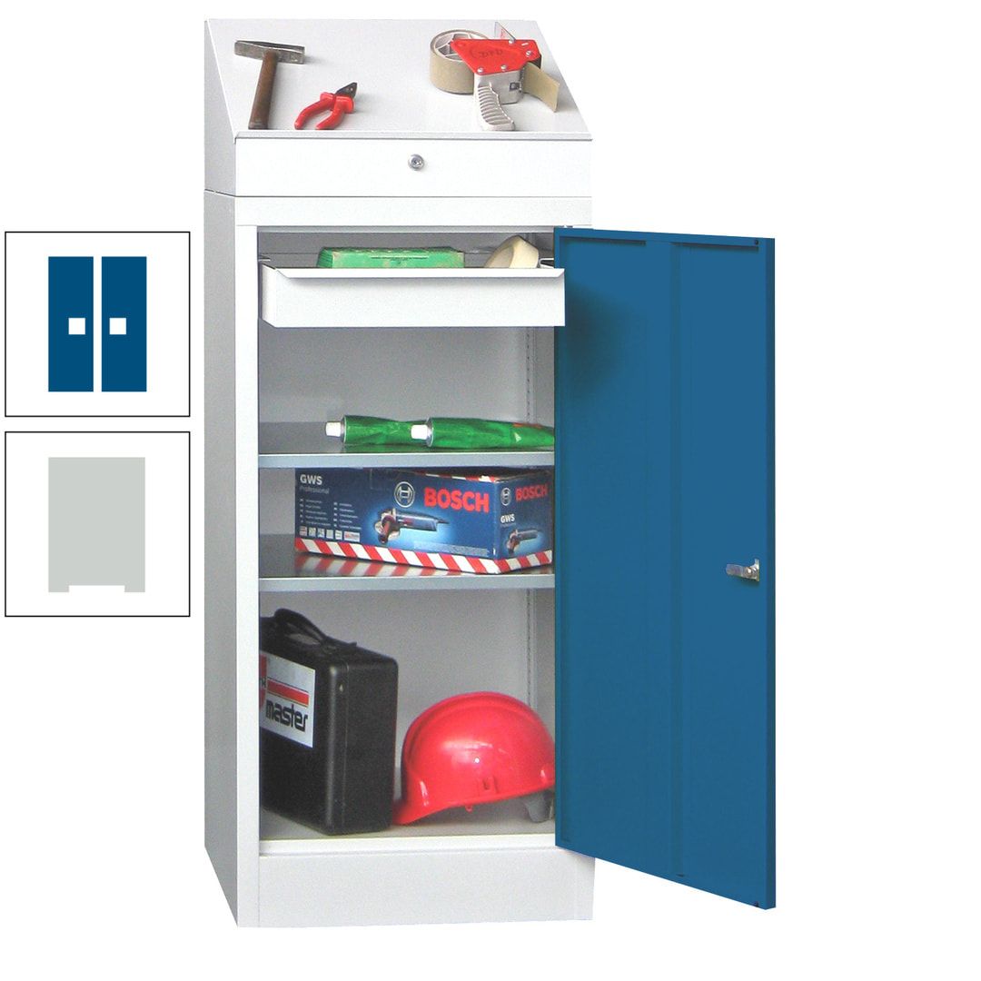 Stehpult mit Schrank - Vollblechtür - 1 Einlegeboden, 1 Ausziehboden, 1 Schublade - 1.270x500x500 mm (HxBxT) - anthrazitgrau
