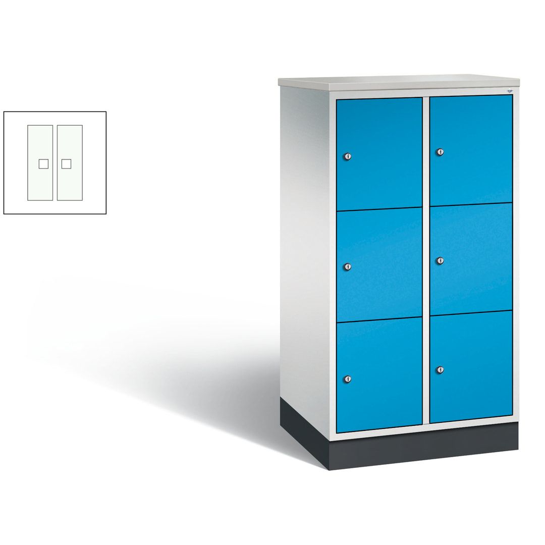 Schließfachschrank, Fächerschrank, 2 Abteile, 6 Fächer, Zylinderschloss, 1.250 x 620 x 500 mm (HxBxT), Korpus Fernblau, Tür anthrazitgrau