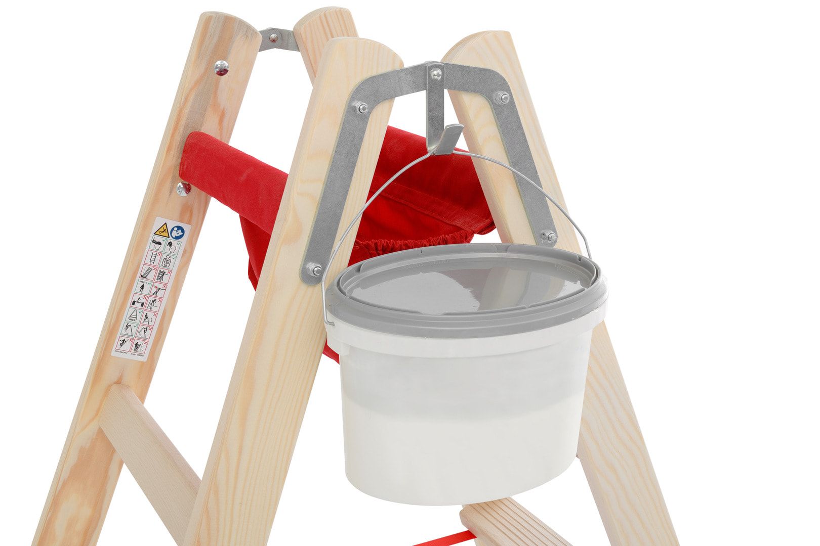 Holz-Stufenstehleiter, beidseitig begehbar, Textiltasche, Eimerhaken, Perlongurte, 1.240 x 473 mm (LxB), 2 x 4 Stufen, 8 kg, Stufentiefe 80 mm, Hymer