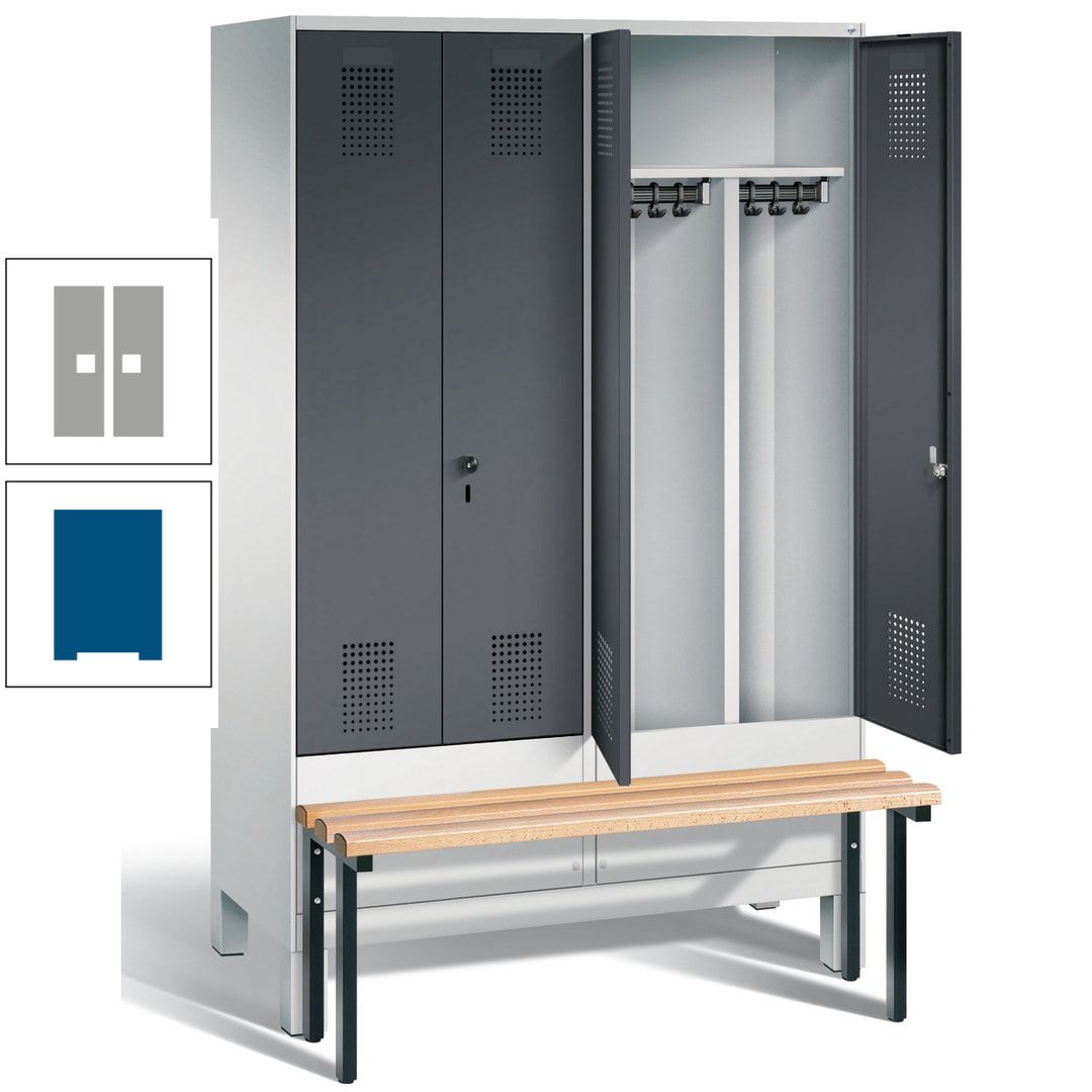 Doppel-Spind, Garderobenschrank, Buche Sitzbank vorgebaut, 4 Abteile a 300 mm, Korpus feuerrot, Tür Wasserblau, 1.850 x 1.200 x 815 mm (HxBxT)