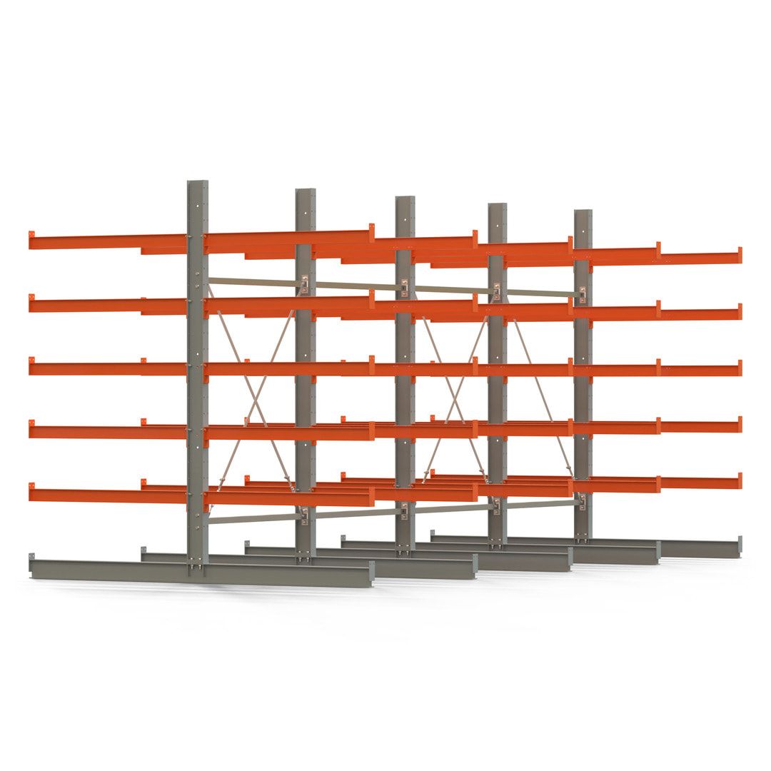 Doppelseitiges Kragarmregal, 2 Felder, 2.500 x 2.560 x 1.120 mm (HxBxT), Nutztiefe 500 mm, Kragarmlast 870 kg, KARL basic, silbergrau/reinorange