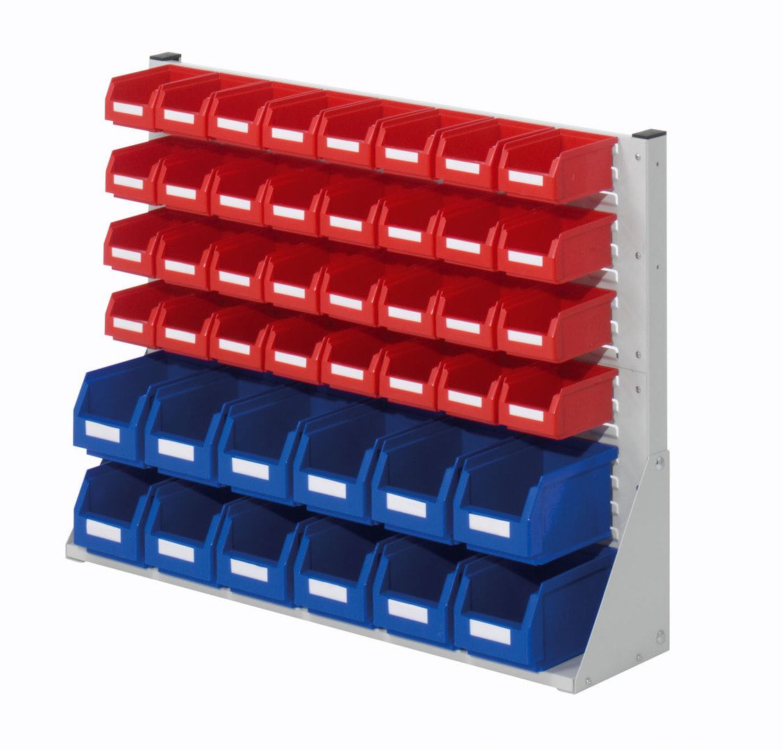 Stationäre Regalwand - Schlitzwand für Sichtlagerkästen - einseitig - mit 30 Kästen bestückt - 760 x 1.000 x 240 mm (HxBxT)