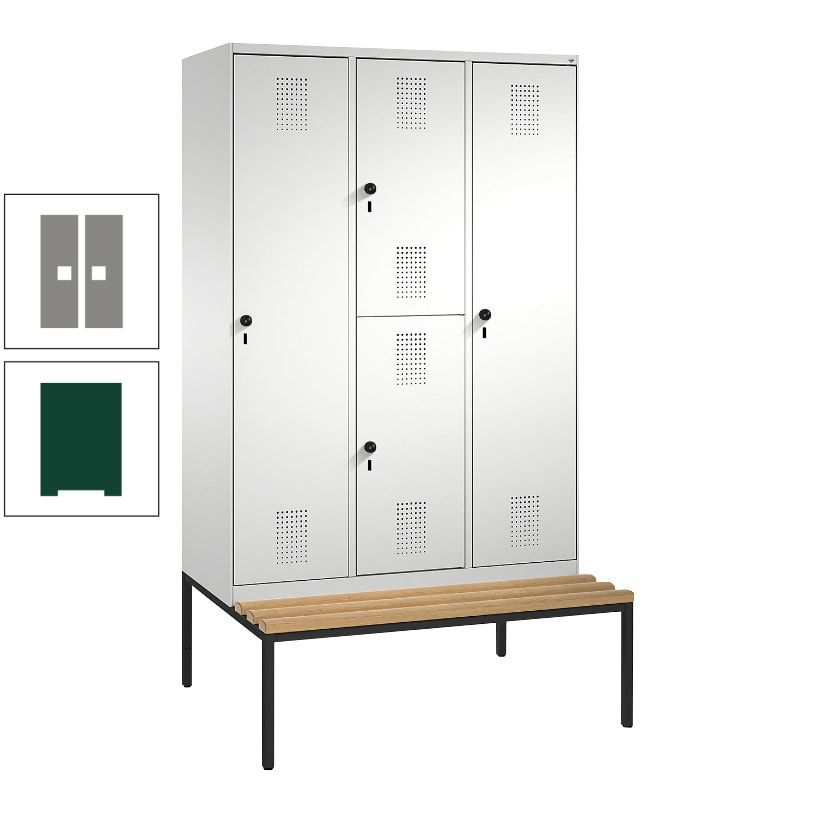 Garderobenschrank, Spind ein- und doppelstöckig Sitzbank, 3 Abteile, 4 Fächer, 2.090x1.200x500 mm (HxBxT), Front anthrazitgrau, Korpus anthrazitgrau
