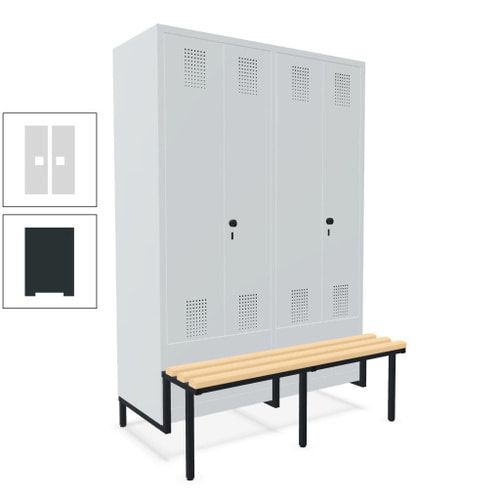 Doppel-Spind, Garderobenschrank, Buche Sitzbank integriert, 4 Abteile 300 mm, Korpus anthrazitgrau, Tür anthrazitgrau, 1.850 x 1.200 x 815 mm (HxBxT)