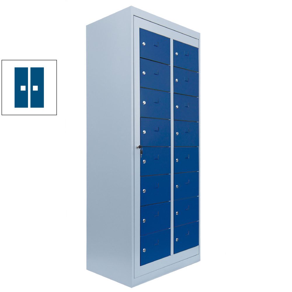 Verteilerschrank, Ausgabeschrank, Fächerschrank, Zentraltür, 2 Abteile, 16 Fächer, 1.800 x 740 x 500 mm (HxBxT), Korpus lichtgrau, Front enzianblau