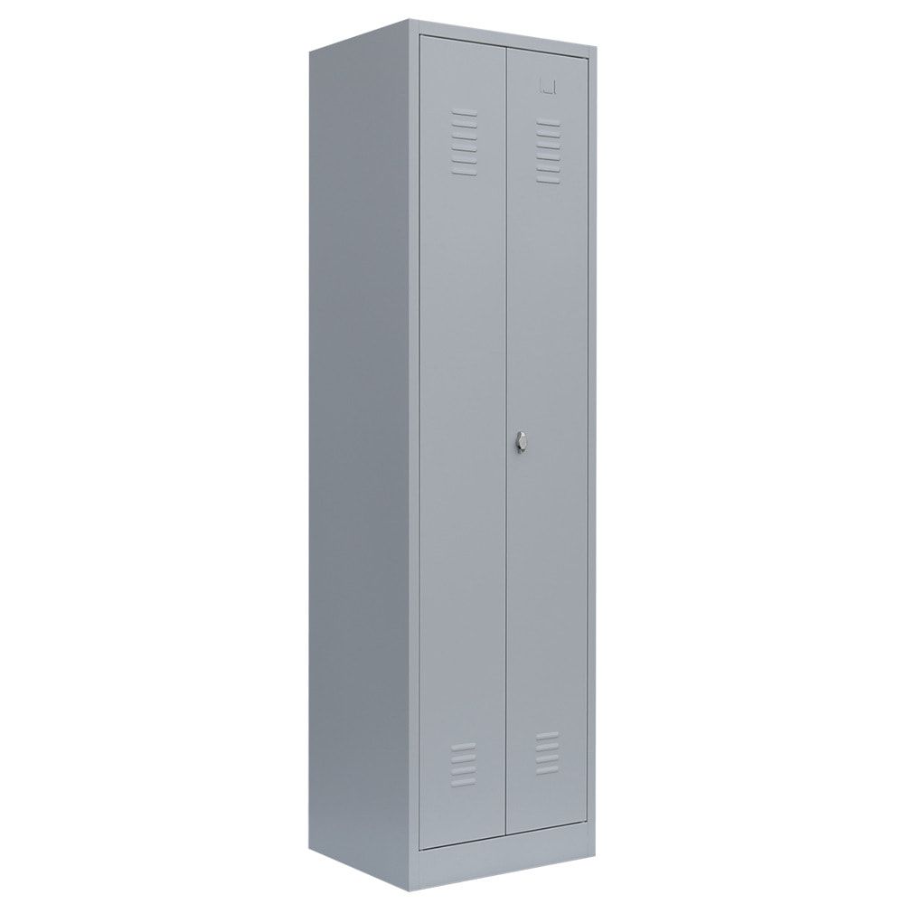 Geräteschrank, Mehrzweckschrank, 2 Abteile, 1.800 x 600 x 500 mm (HxBxT), Drehriegel, Kleiderstange, Stahl, Korpus: lichtgrau, Front: enzianblau