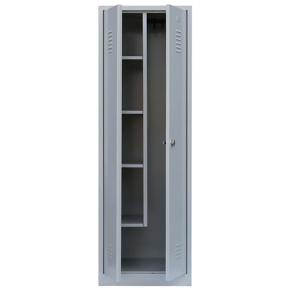 Geräteschrank, Mehrzweckschrank, 2 Abteile, 1.800 x 600 x 500 mm (HxBxT), Drehriegel, Kleiderstange, Stahl, Korpus: lichtgrau, Front: enzianblau