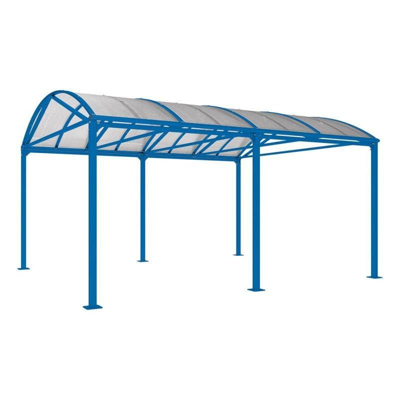 Fahrradunterstand, Fahrradüberdachung, Unterstand, Grundmodell, 10 Zweiräder, Regenrinne, 3.010 x 5.000 x 4.160 mm (HxBxT), Farbe enzianblau
