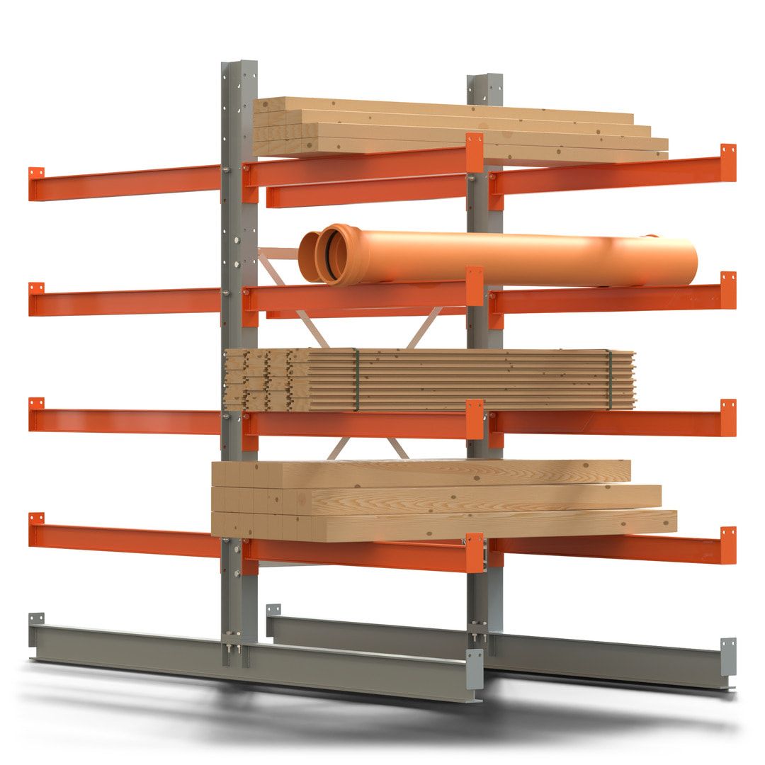 Doppelseitiges Kragarmregal, Anbauregal, 2.000 x 1.000 x 1.120 mm (HxBxT), Nutztiefe 500 mm, Kragarmlast 870 kg, KARL basic, silbergrau/reinorange