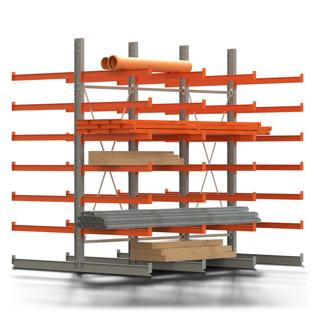 Doppelseitiges Kragarmregal, 2 Felder, 3.000 x 2.000 x 1.120 mm (HxBxT), Nutztiefe 500 mm, Kragarmlast 870 kg, KARL basic, silbergrau/reinorange