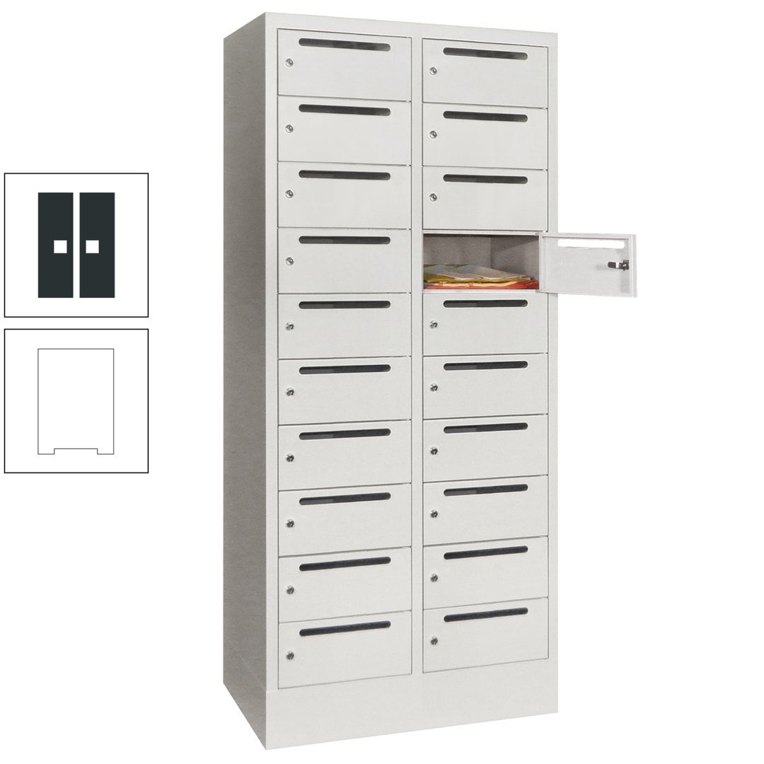 Postverteilerschrank, Schließfachschrank, 2 Abteile a 400 mm, 20 Fächer, 1.850 x 800 x 500 mm (HxBxT), Korpus anthrazitgrau, Front anthrazitgrau