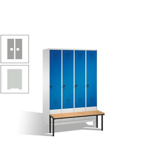 Stahl-Garderobenschrank, Spind, Buche Sitzbank vorgebaut, 4 Abteile a 300 mm, Korpus Lichtgrün, Tür Schwefelgelb, 1.850 x 1.200 x 815 mm (HxBxT)