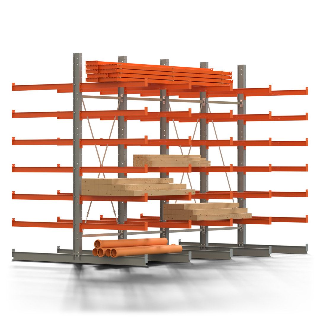Doppelseitiges Kragarmregal, 2 Felder, 3.000 x 2.000 x 1.120 mm (HxBxT), Nutztiefe 500 mm, Kragarmlast 870 kg, KARL basic, silbergrau/reinorange
