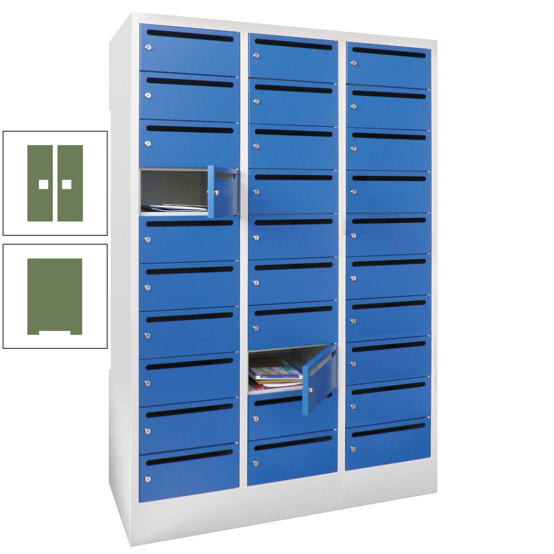 Postverteilerschrank, Schließfachschrank, 3 Abteile a 300 mm, 30 Fächer, 1.850 x 900 x 500 mm (HxBxT), Korpus anthrazitgrau, Front anthrazitgrau