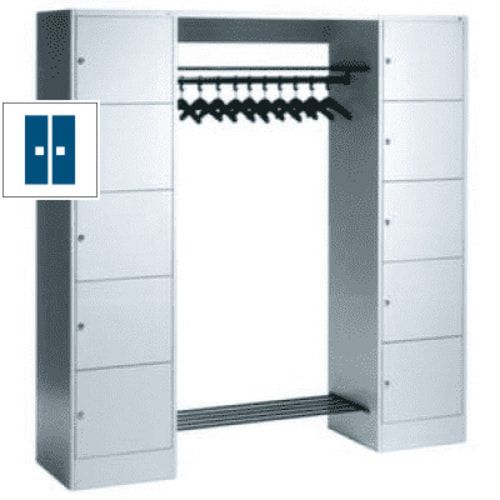 Garderobenanlage, Offene Garderobe mit Spindschrank, 10 Fächer, links/rechts, Korpus lichtgrau, Türfarbe enzianblau, 1.950 x 1.870 x 480 mm (HxBxT)