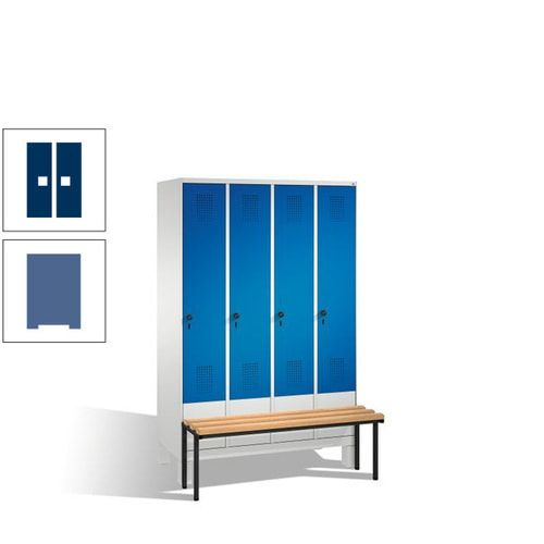 Stahl-Garderobenschrank, Spind, Buche Sitzbank vorgebaut, 4 Abteile a 300 mm, Korpus Lichtgrün, Tür Schwefelgelb, 1.850 x 1.200 x 815 mm (HxBxT)