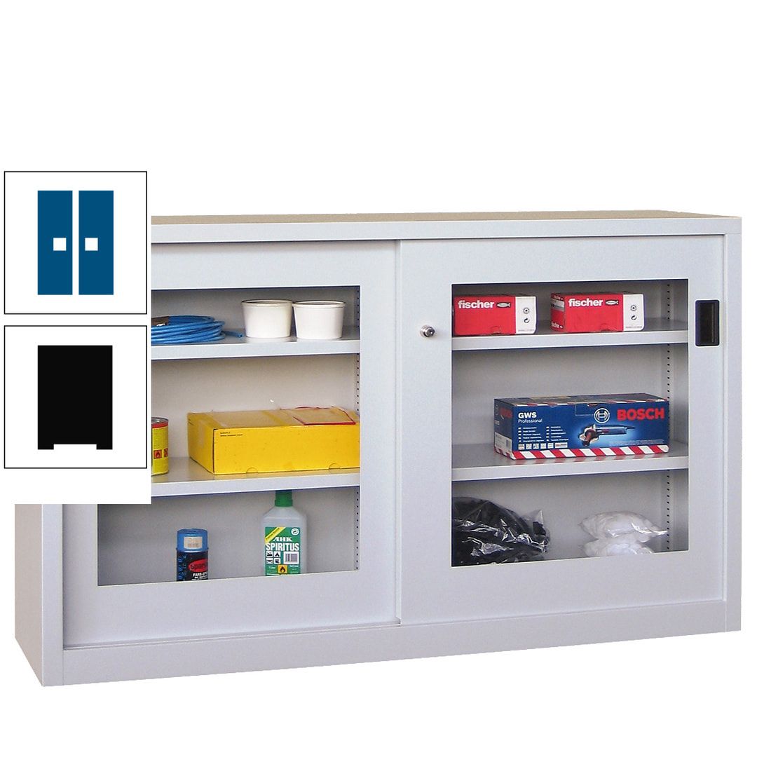 Schiebetürenschrank - Sichtfenstertüren - 1.000x1.500x600 mm (HxBxT) - 4 Böden, verzinkt - Zylinderschloss - anthrazitgrau