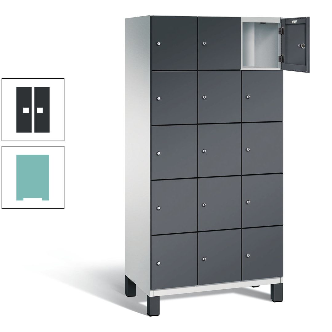 Fächerschrank, Stahlschrank, 15 Fächer, Türöffnungsbegrenzer, Füße, 1.980 x 900 x 525 mm (HxBxT), Korpus anthrazitgrau, Front anthrazitgrau