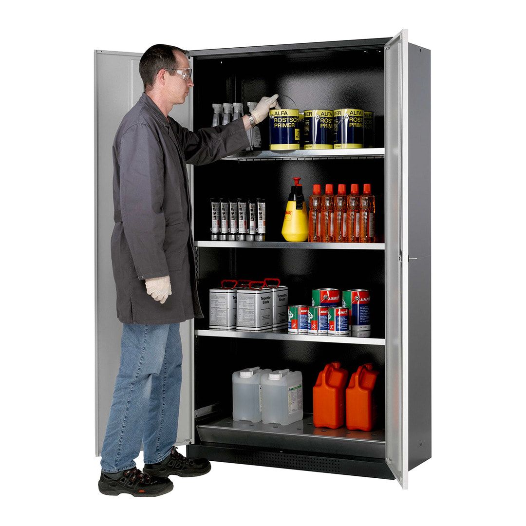 Chemikalienschrank - Falttüren, enzianblau - 3 Fachböden - 1.950 x 1.055 x 520 mm (HxBxT) - Stahl, pulverbeschichtet