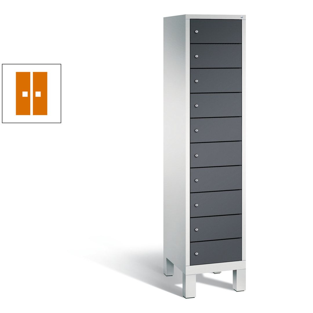 Laptopschrank, Tabletschrank, Computerschrank auf Füßen, 10 Fächer, 1.850 x 420 x 500 mm (HxBxT), Korpus gelborange, Tür anthrazitgrau