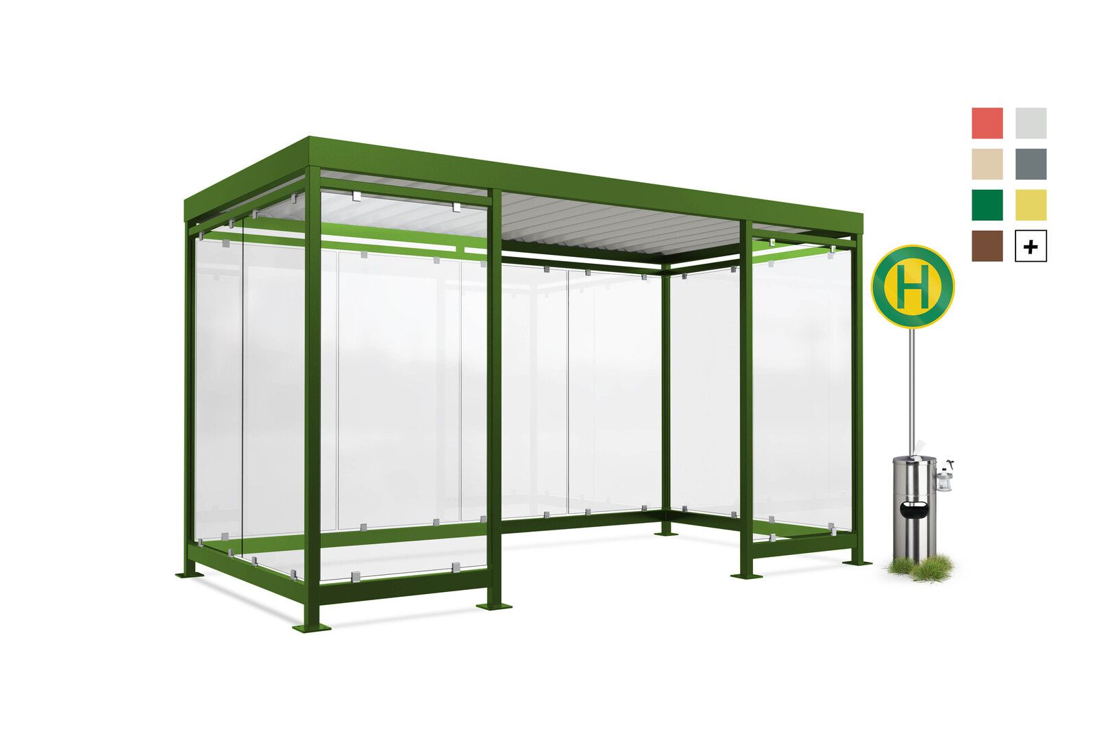 Raucherunterstand, Bausatz, Fahrgastunterstand, Bushaltestelle, 12-13 Personen, 2.510 x 4.195 x 2.165 mm (HxBxT), 10 Wände, Maigrün