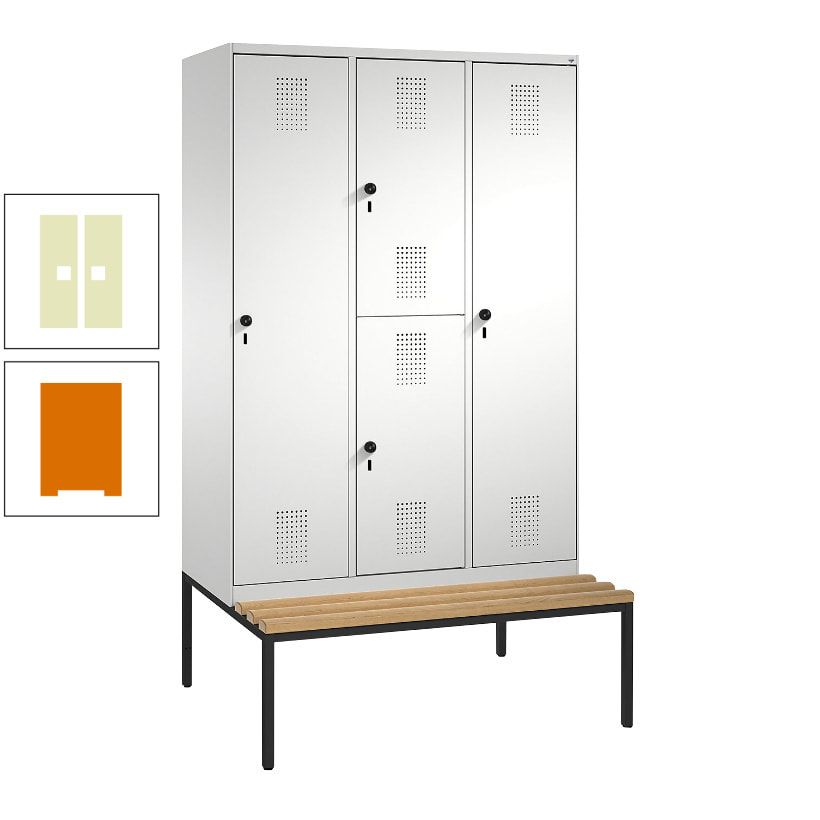 Garderobenschrank, Spind ein- und doppelstöckig Sitzbank, 3 Abteile, 4 Fächer, 2.090x1.200x500 mm (HxBxT), Front anthrazitgrau, Korpus anthrazitgrau