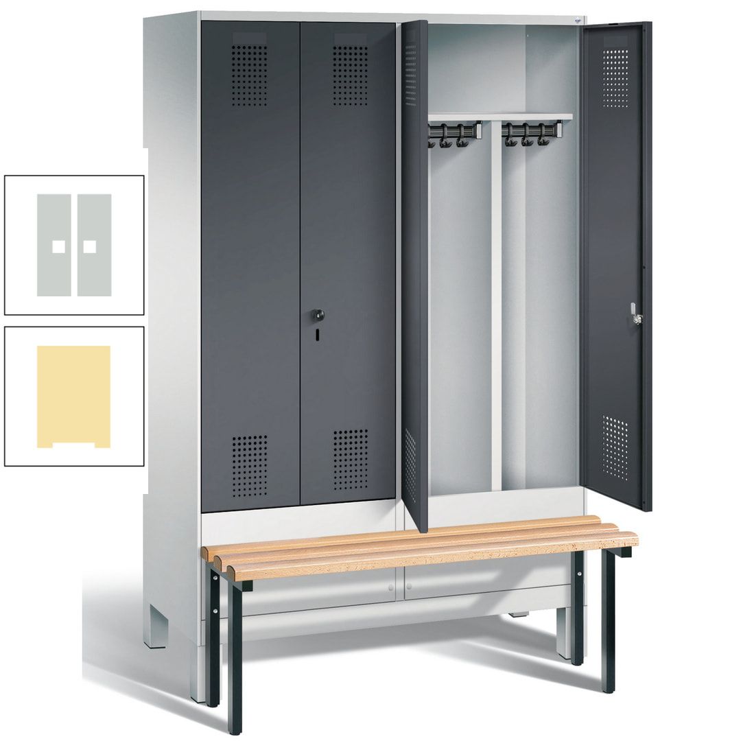 Doppel-Spind, Garderobenschrank, Buche Sitzbank vorgebaut, 4 Abteile a 300 mm, Korpus feuerrot, Tür Wasserblau, 1.850 x 1.200 x 815 mm (HxBxT)