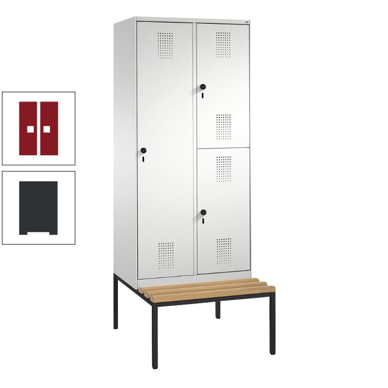 Garderobenschrank, Spind ein- und doppelstöckig Sitzbank, 2 Abteile, 3 Fächer, 2.090 x 800 x 500 mm (HxBxT), Front anthrazitgrau, Korpus anthrazitgrau