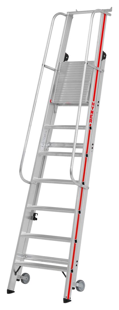 Plattformleiter mit langem Handlauf - Kipprollen - Leiterlänge 1.950 mm - mit Einhängehaken und Ablageschale - Aluleiter - Hymer