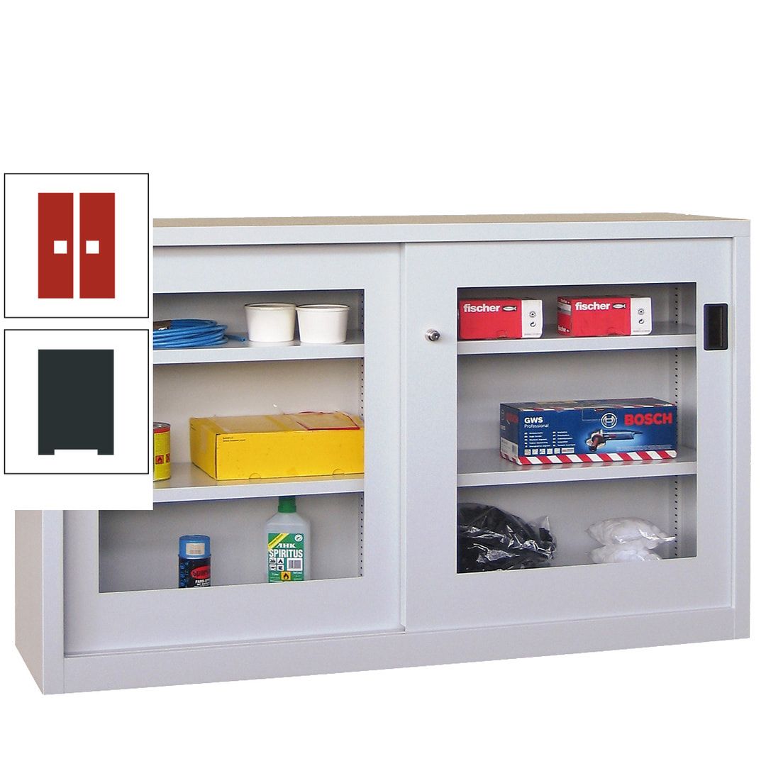 Schiebetürenschrank - Sichtfenstertüren - 1.000x1.500x600 mm (HxBxT) - 4 Böden, verzinkt - Zylinderschloss - anthrazitgrau