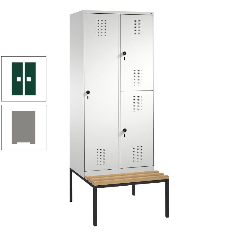 Garderobenschrank, Spind ein- und doppelstöckig Sitzbank, 2 Abteile, 3 Fächer, 2.090 x 800 x 500 mm (HxBxT), Front anthrazitgrau, Korpus anthrazitgrau