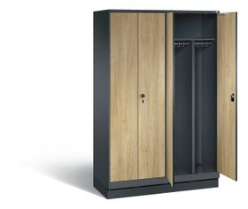 Doppel-Spind, Garderobenschrank auf Sockel, 2 Abteile a 300 mm, Korpus Vulkangrau, Holzdekor, 1.800 x 1.200 x 500 mm (HxBxT)