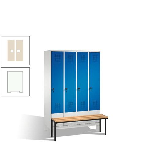 Stahl-Garderobenschrank, Spind, Buche Sitzbank vorgebaut, 4 Abteile a 300 mm, Korpus Lichtgrün, Tür Schwefelgelb, 1.850 x 1.200 x 815 mm (HxBxT)